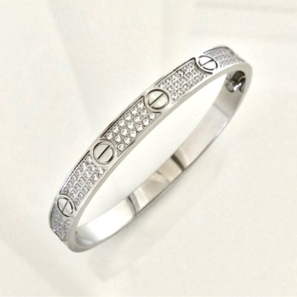 Pave Diamond Stainless Steel Screw Bangle Bracelet with Screwdriver SILVER